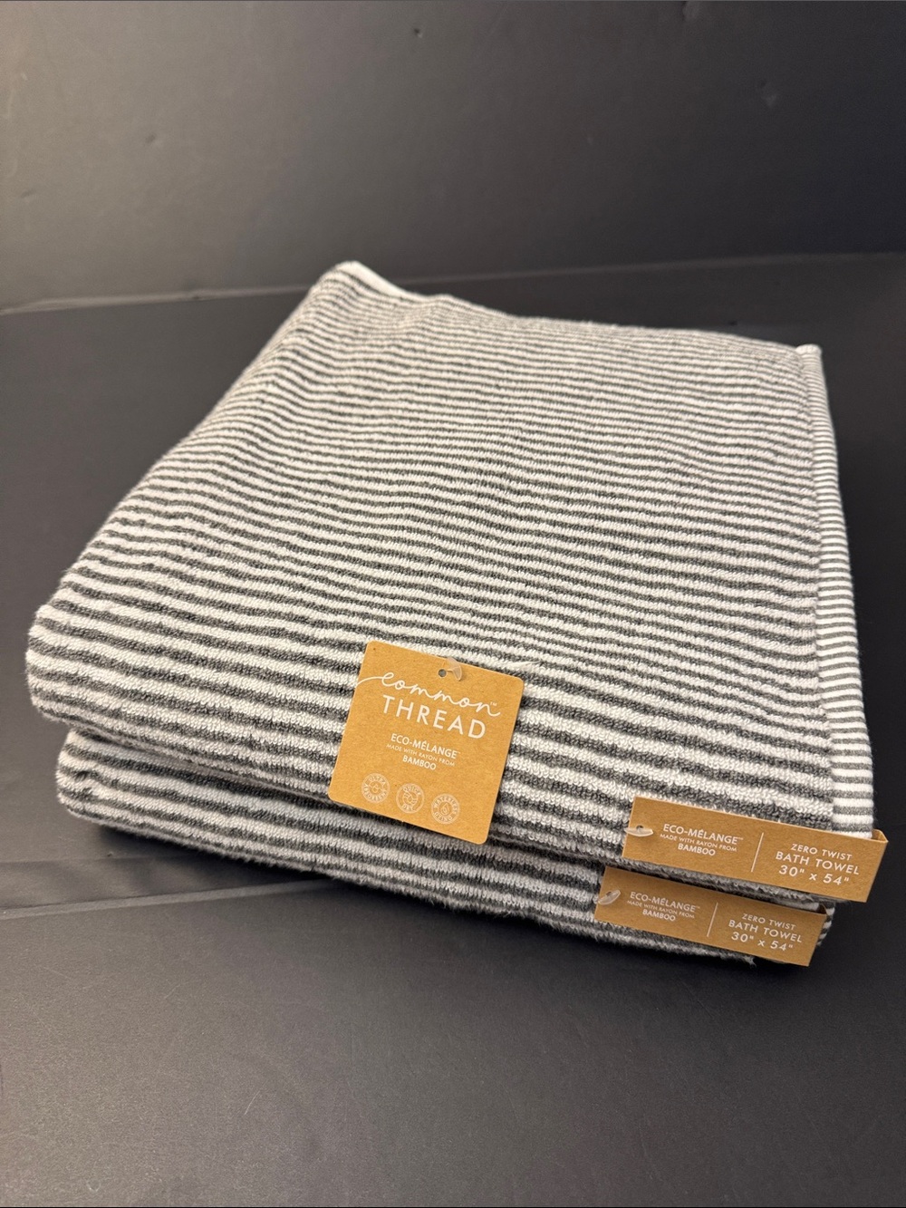 2pc COMMON THREAD Eco-Melange Bamboo Zero Twist Bath Towel Set -MINISTRIPE